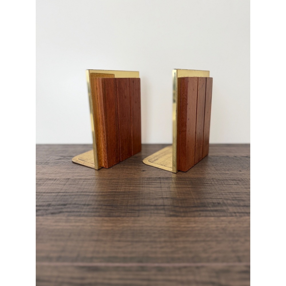 Vtg Park Sherman Solid Walnut Metal Bookends Mid Century Modern Minimalist Pair